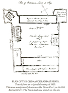 Plan of the Ordnance Land at Sligo, traced from an original drawing of 1825.  This area was formerly known as the 'Stone Fort', or the Old Barrack Fort. The Town Hall now stands on the site. 